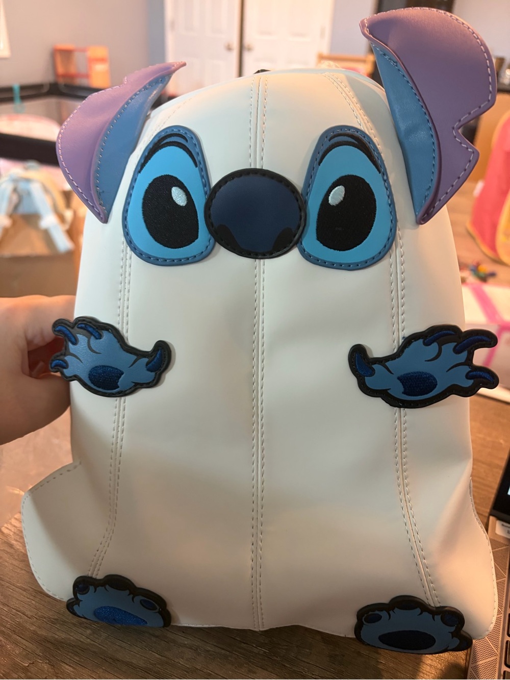 Loungefly White Backpack with Blue Stitch Face and Purple Ear Accents